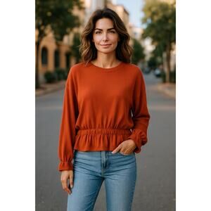 A New Day Rust Spice Long Sleeve Top Blouse Peplum Ribbed Sz L Casual Minimalist